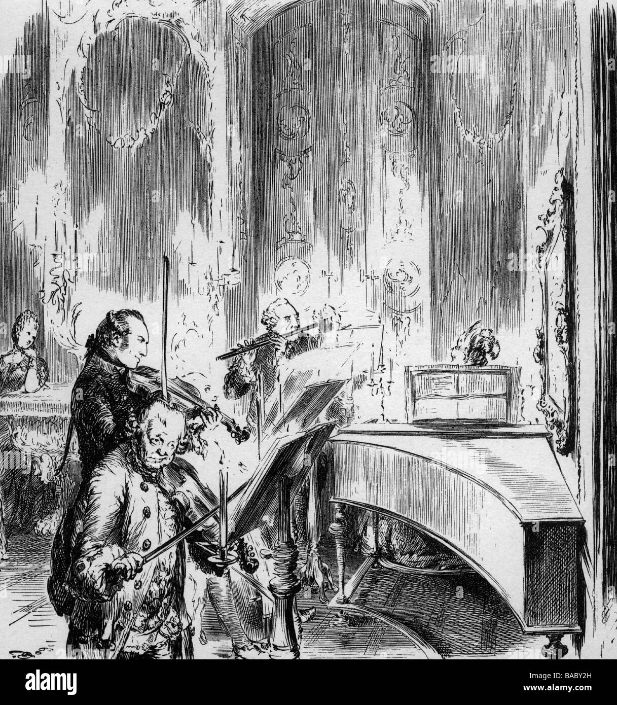 Frederick II 'The Great', 24.1.1712 - 17.6.1786, roi de Prusse 31.5.1740 - 17.6.1786, demi-longueur, musique de jeu à Sanssouci, gravure en bois, après dessin d'Adolf von Menzel, 1839 - 1842, Banque D'Images