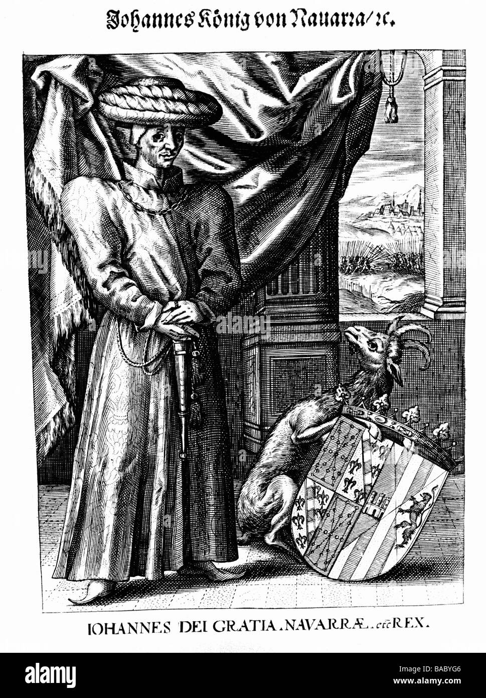 John, 1397 - 19.1.1479, le roi d'Aragon, 27.6.1458 - 19.1.1479, pleine longueur, Allemand gravure sur cuivre, 17e siècle, l'artiste a le droit d'auteur , de ne pas être effacé Banque D'Images