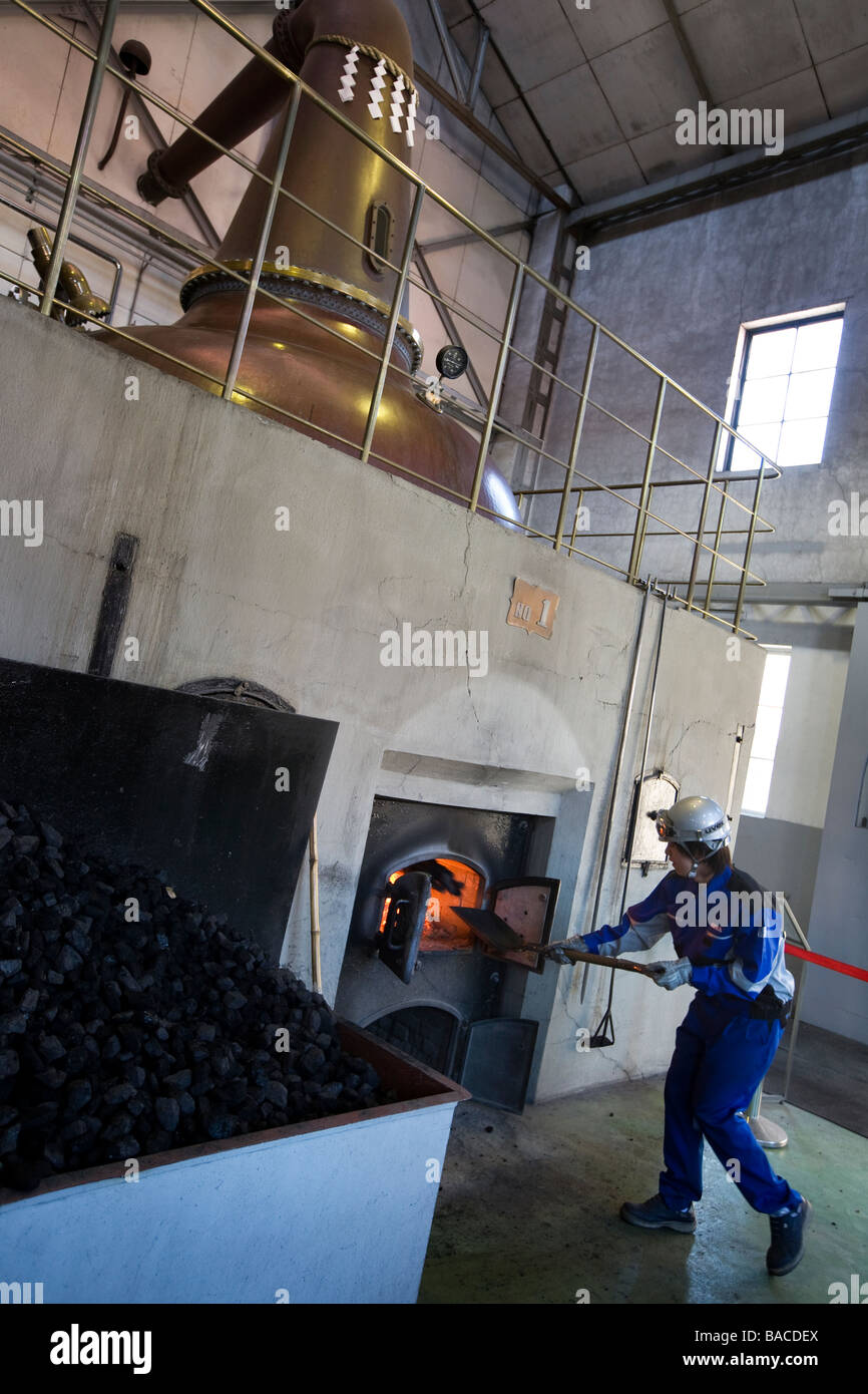 Les travailleurs de la distillerie du charbon à la pelle dans les feux au-dessous du whisky Nikka Yoichi alambics, whiksy, Yoichi, Japon Banque D'Images