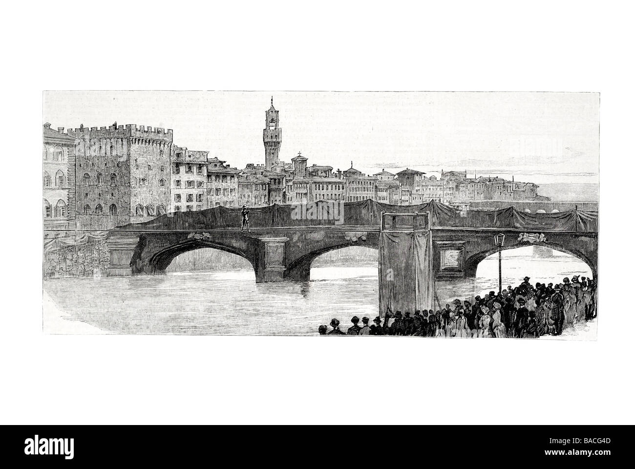 Emri traverser l'Arno sur la corde raide à Florence pour le bénéficier des personnes souffrant de Colera Banque D'Images