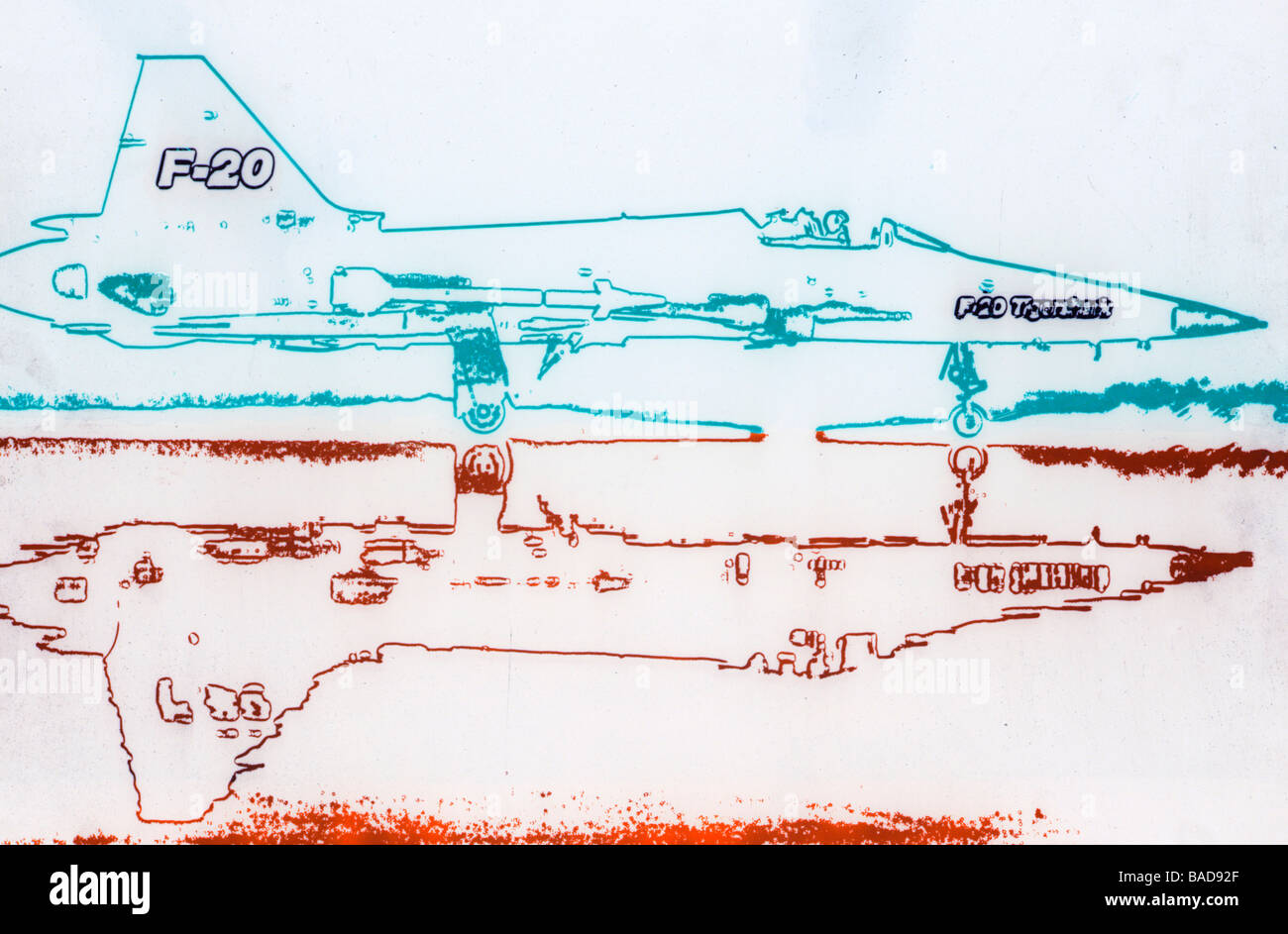 Illustration graphique design art solarisation rendition F20 avion avion de chasse à réaction réflexion Northrop Banque D'Images