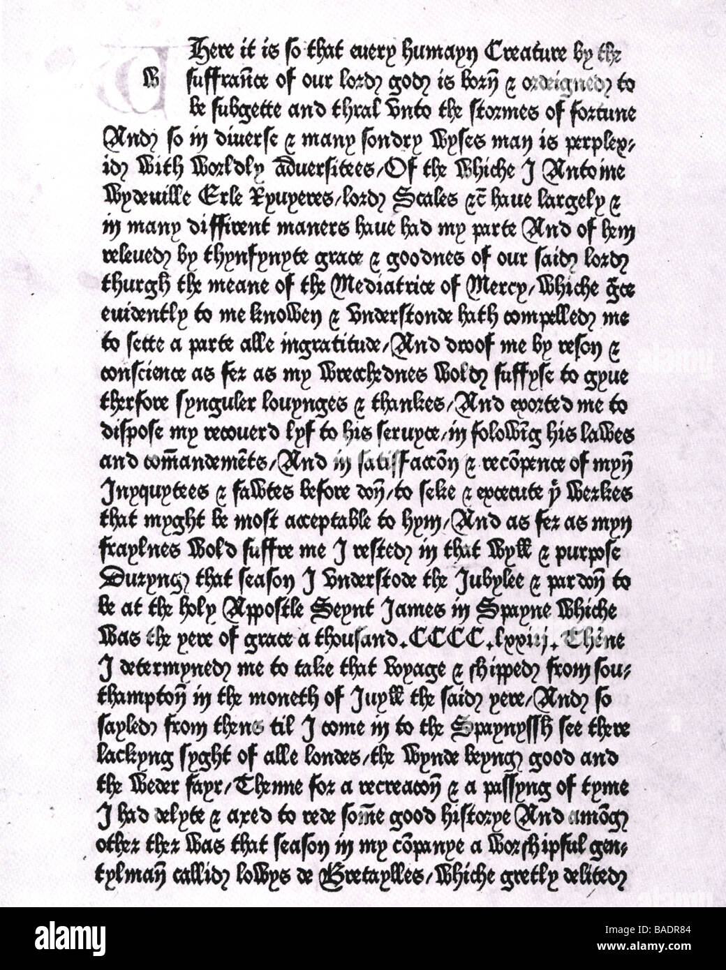 WILLIAM CAXTON une page de ses Dictes et Sayenges Phylosophers du publié en 1477 le premier livre imprimé en Angleterre Banque D'Images