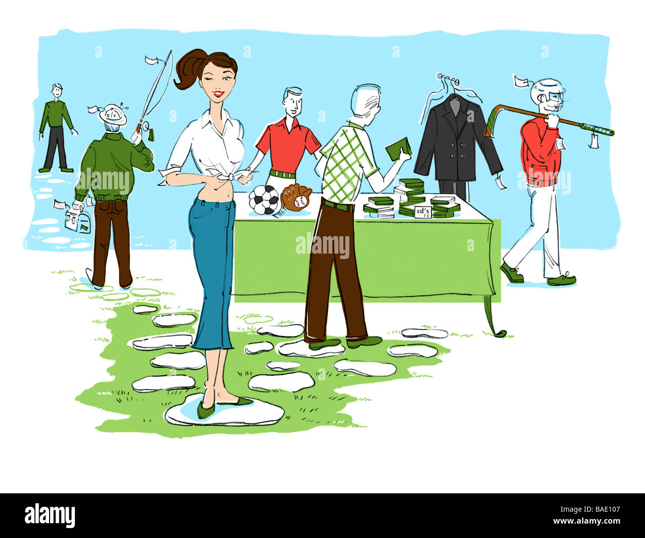 Illustration de Femme vendant des articles pour hommes à Yard Sale Banque D'Images
