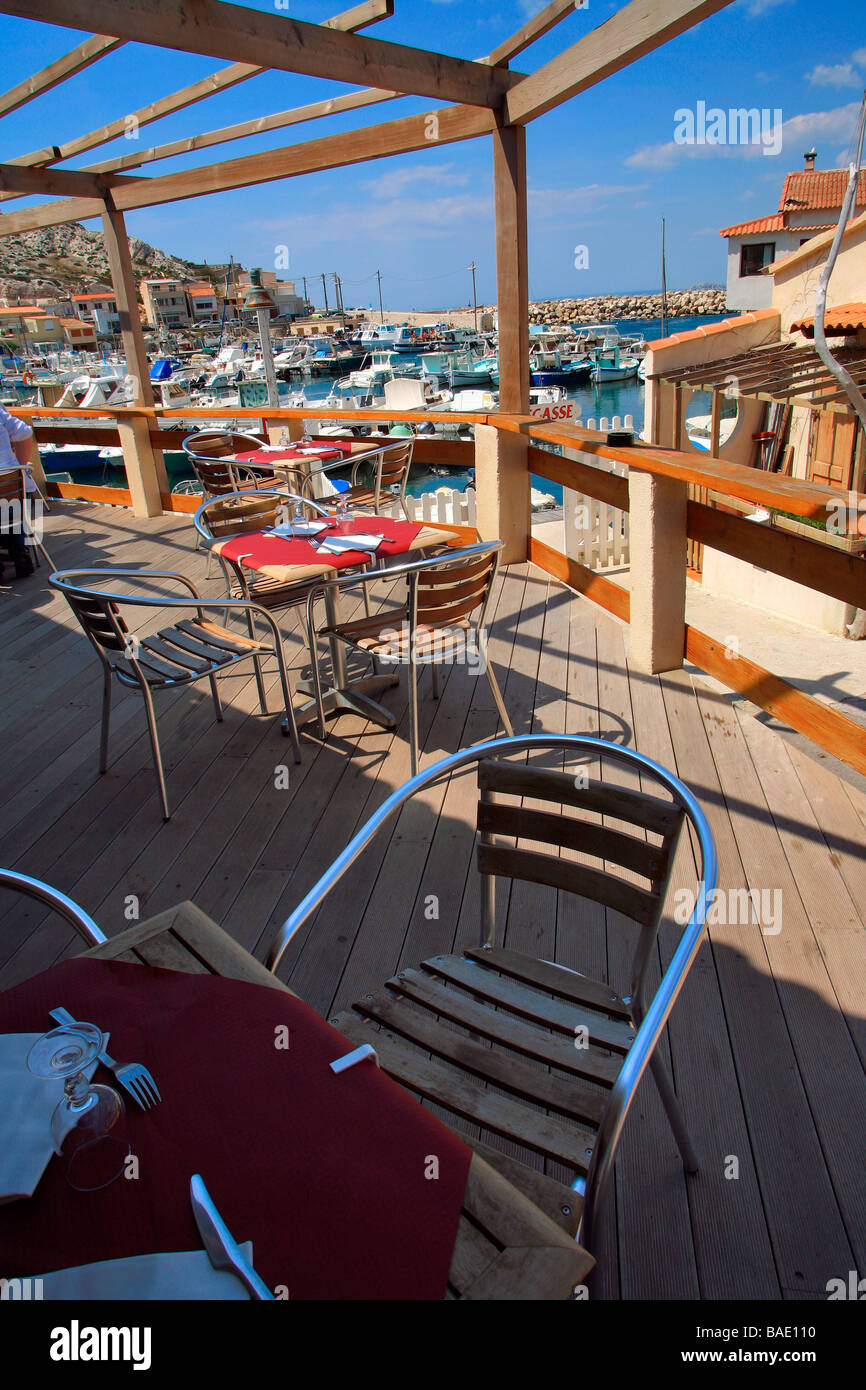 France, Bouches du Rhône, Marseille, la Marine des Goudes Restaurant Banque D'Images