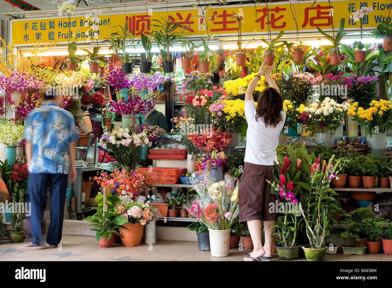 Tiong Bahru Singapour, commerçant du marché des fleurs Banque D'Images