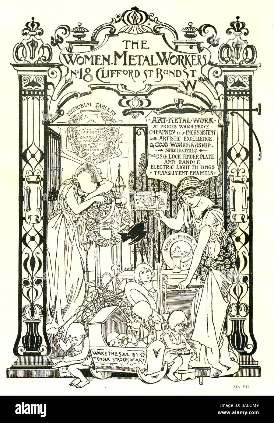 Annonce publiée dans 'l'Amateur' pour les femmes travailleurs métal 1901 conçu par Walter Crane Banque D'Images