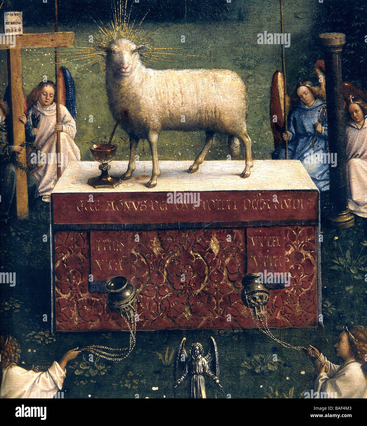 Le détail de l'Agneau sacrificiel du retable de Gand par Jan van Eyck Banque D'Images
