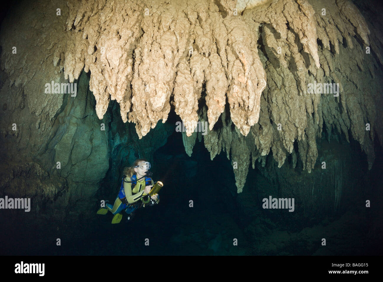 Lustre en plongeur grotte calcaire Micronésie Palau Banque D'Images