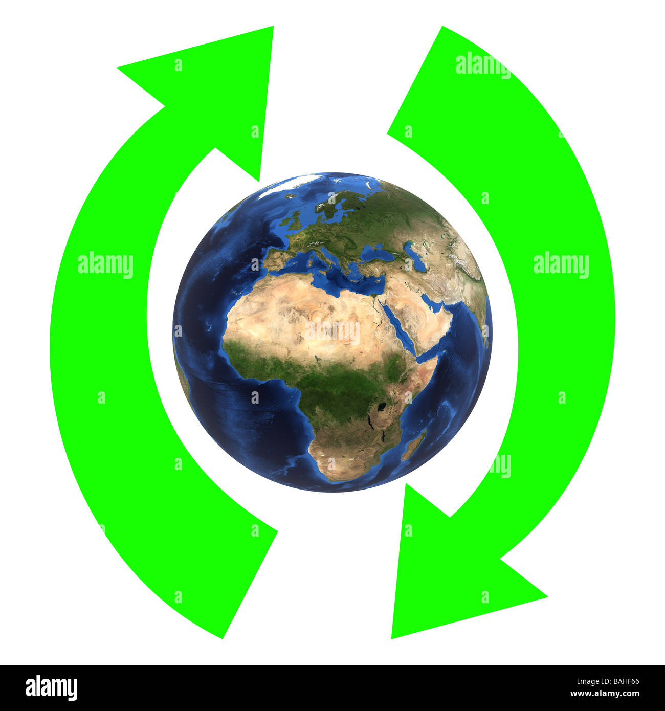 Image de la terre rendue (carte fournie par la NASA) fermé par cycle vert/recyclage symbole sur un fond blanc (découpe) Banque D'Images