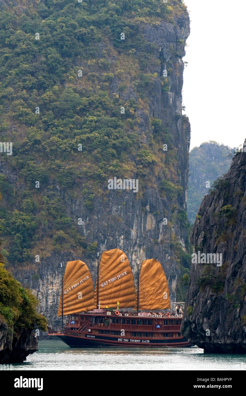 Bateau de tourisme sur un matin brumeux en Baie d'Ha Long Vietnam Banque D'Images
