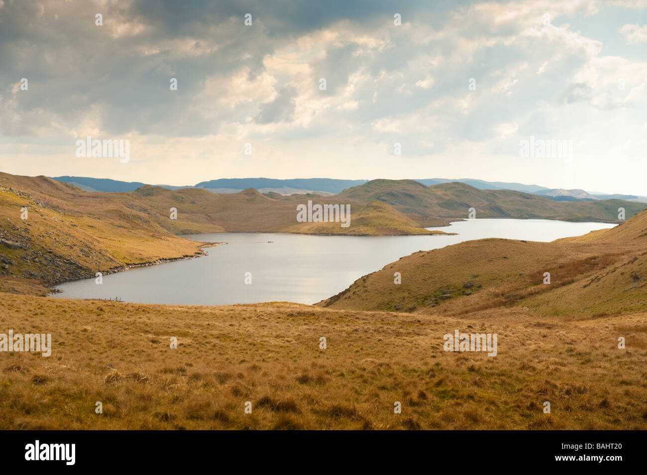 Hir Llyn Lake Wales Royaume-uni Ceredigion upland - vu de la Teifi Piscines à pied sentier, après-midi de printemps Banque D'Images
