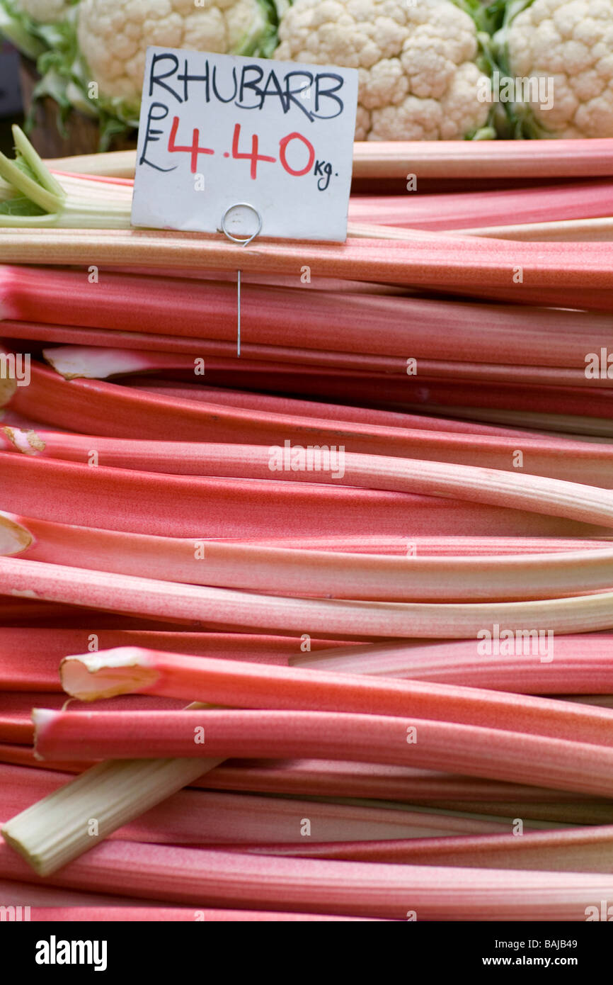 Bâtonnets de rhubarbe en vente au Borough Market, London SE1 Banque D'Images