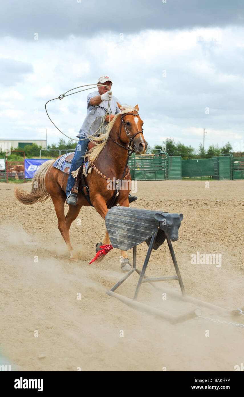 La pratique de son Cowboy roping calf compétences avec un fer à la Windy City Rodeo un gay rodeo qui a lieu chaque année près de Chicago en Illinois Banque D'Images