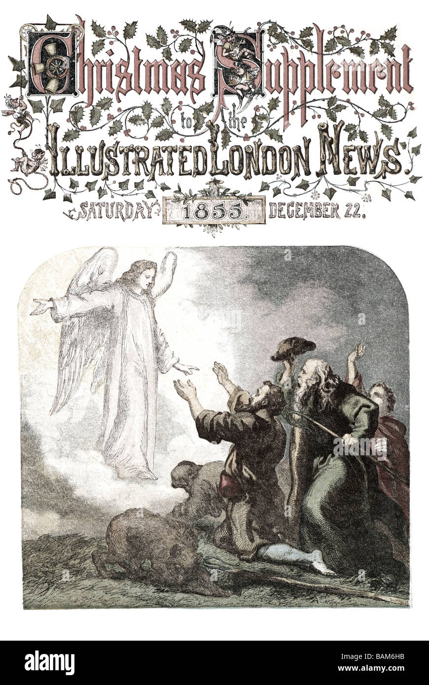 Supplément noël Illustrated London News 1855 tandis que bergers ont vu leurs troupeaux durant la nuit, tous assis sur le sol Banque D'Images