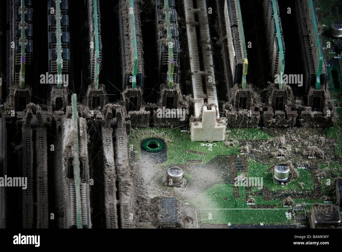 Détail d'une carte de circuit imprimé déposé depuis un ordinateur couverts de poussière Banque D'Images