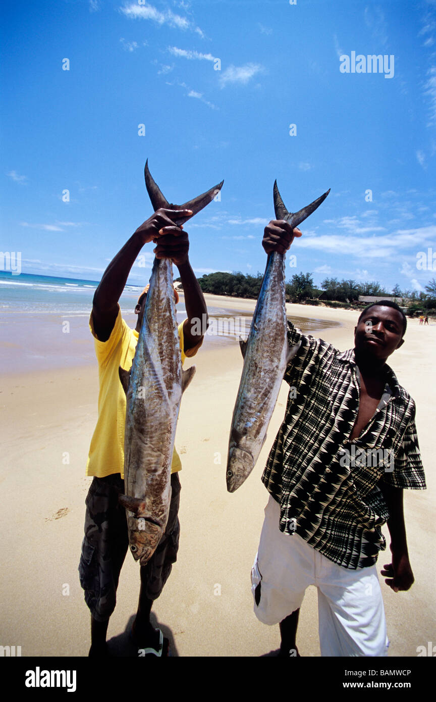 Pêcheur avec Barracuda pris avec canne et moulinet Mozambique Tofo Banque D'Images