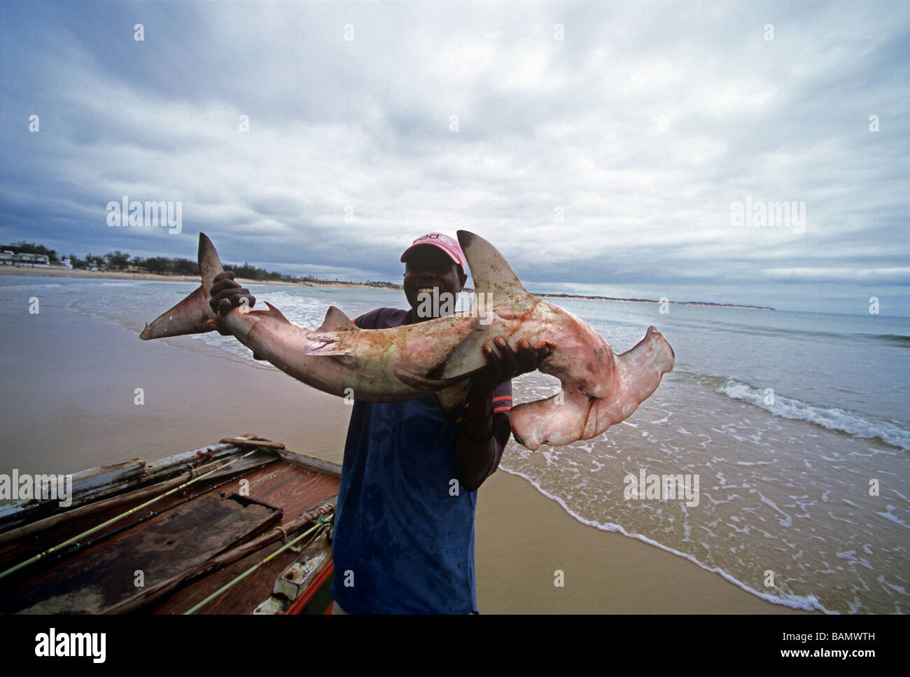 Pêcheur avec requin capturé à la ligne à main Inhassoro Mozambique Banque D'Images