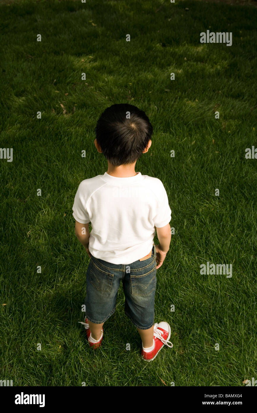 Vue arrière du garçon debout dans l'herbe Banque D'Images