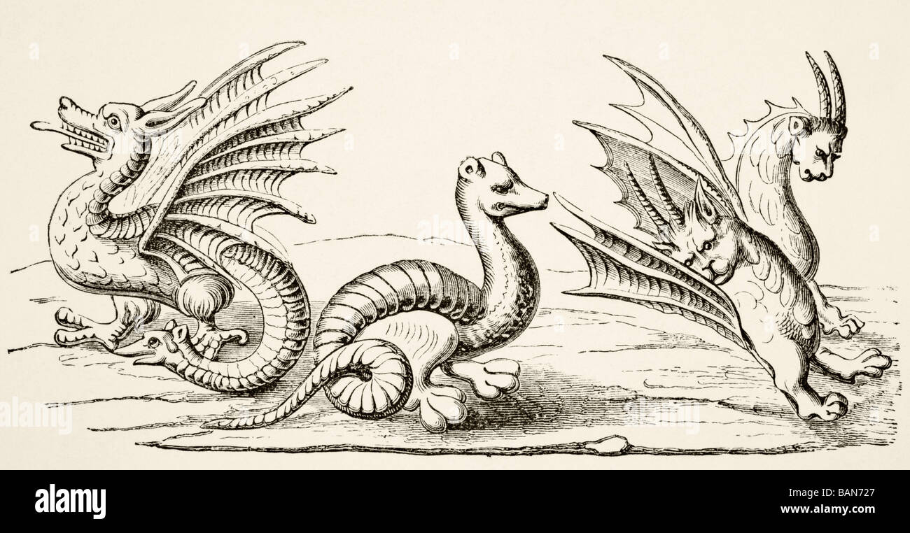 Dragons. Après miniatures au 14e siècle Livre des merveilles du monde. Banque D'Images