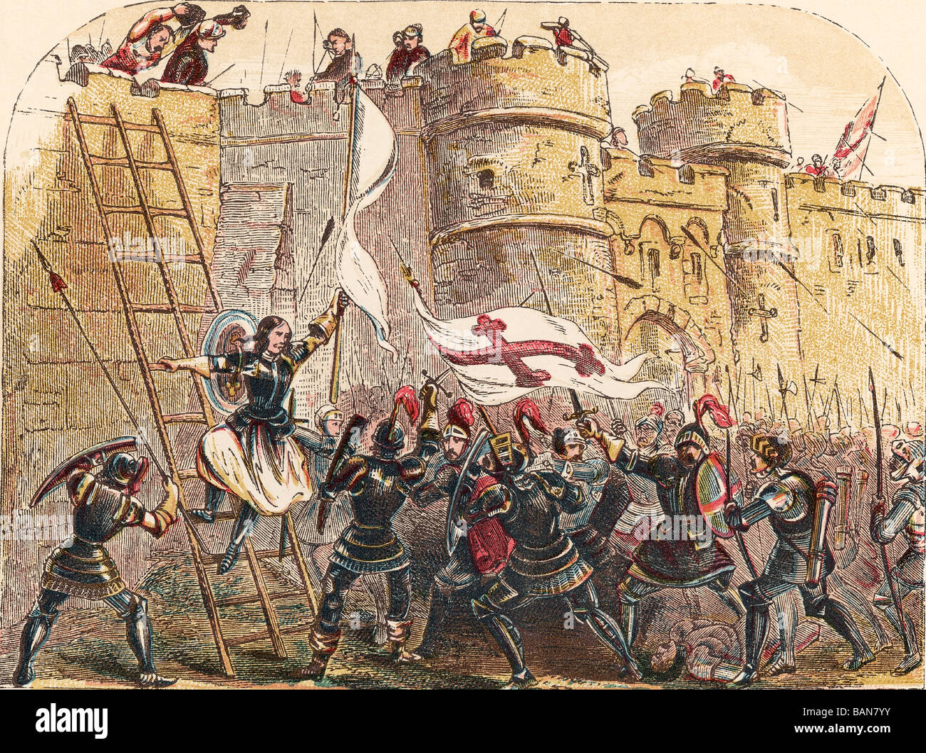 Jeanne d'Arc dirige l'armée française contre les défenseurs anglais de la porte des Tourelles pendant le siège d'Orléans, 7 mai 1429. Banque D'Images