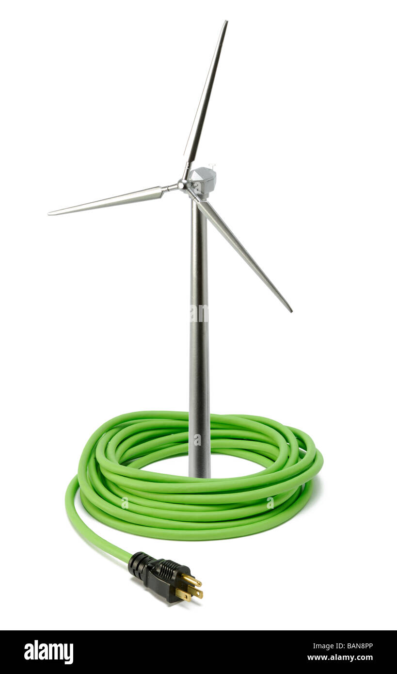 Un vin modèle turbine et d'un cordon électrique vert. Banque D'Images