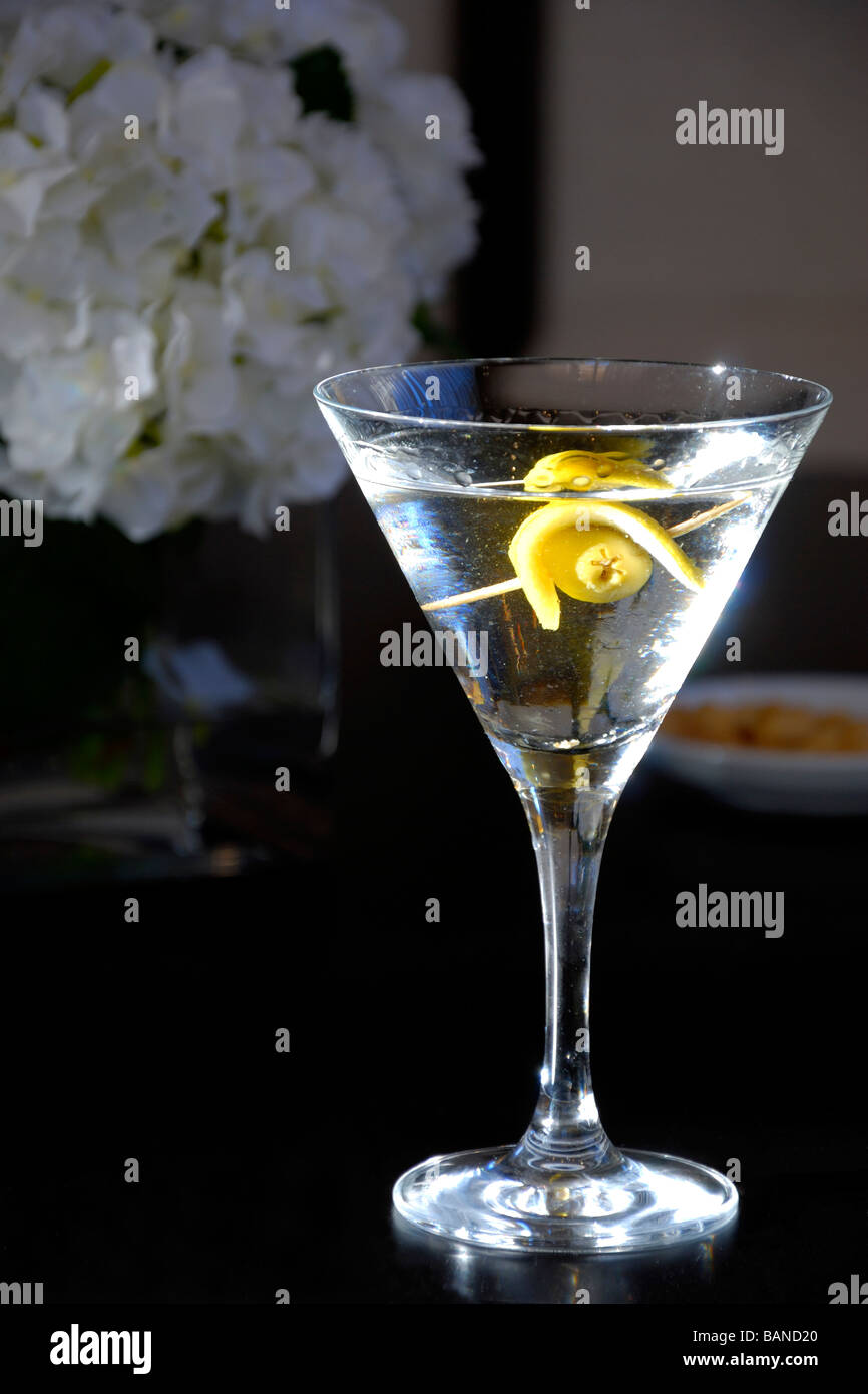 Cocktail Martini fortement éclairé sur un fond noir avec des fleurs blanches Banque D'Images