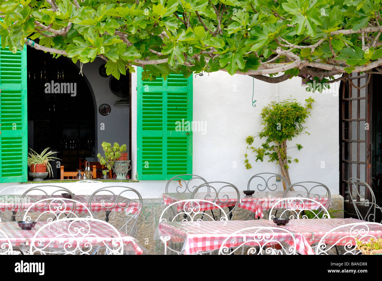 Des tables et des chaises à l'extérieur restaurant charmant avec des volets verts sous le couvert des arbres Banque D'Images