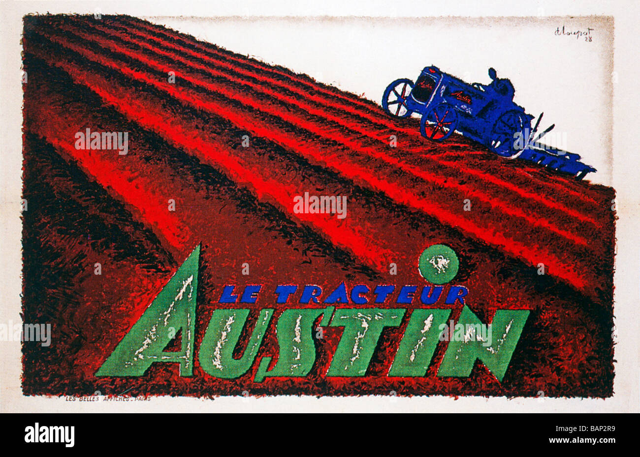 Le tracteur Austin 1928 français Art déco publicité pour le tracteur laboure un champ Anglais Banque D'Images