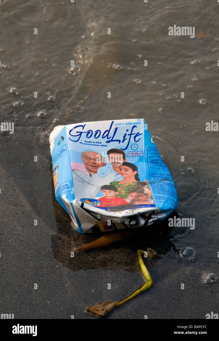 Vieux carton de lait lavé sur la plage près de Cochin (Kochi) , Kerala, Inde Banque D'Images