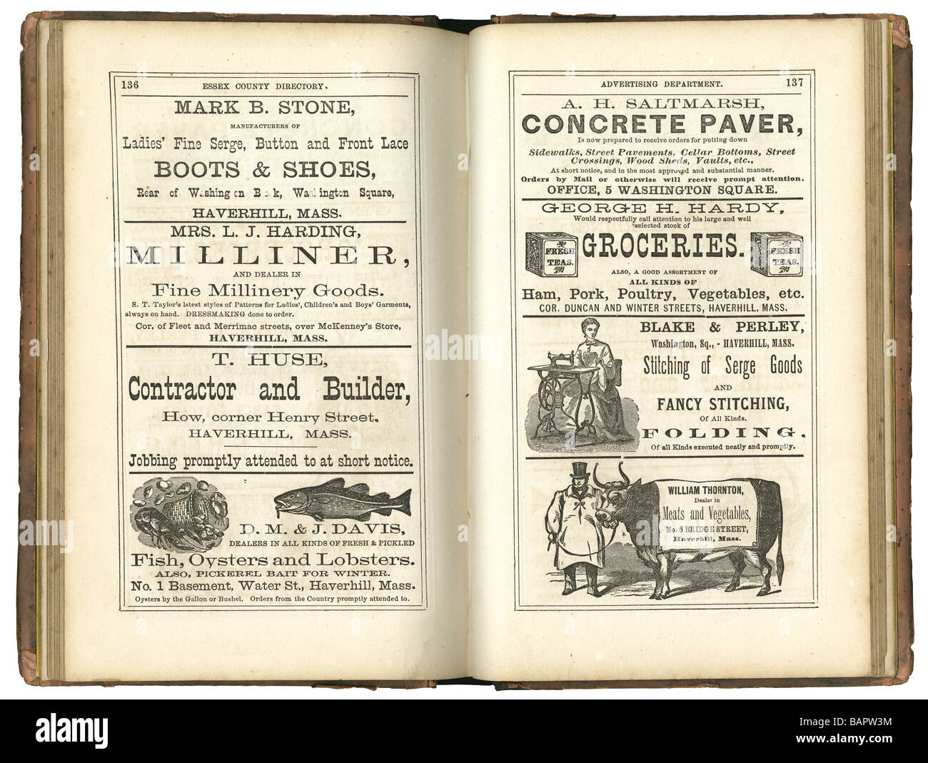 Page de l'ancien annonces classées à partir d'un 1873 Essex Comté (Massachusetts) annuaire d'entreprises. Banque D'Images