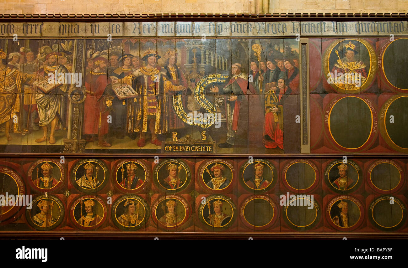 Série de portraits peints sur les panneaux de bois par Lambert Barnard avec Henry VIII confirme à l'Évêque Sherborn protection royale de la cathédrale de Chichester. Banque D'Images