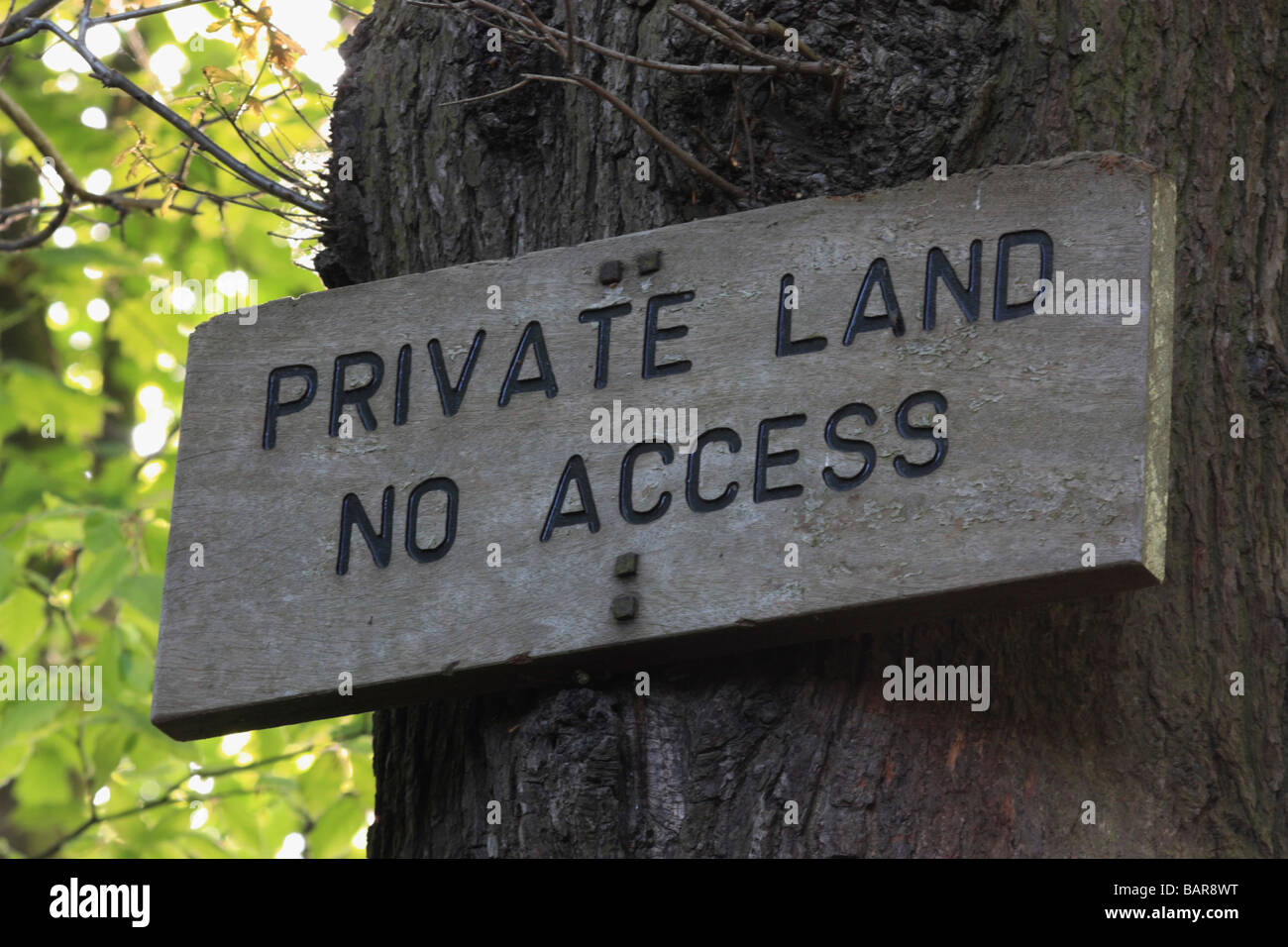 En bois d'un terrain privé "aucun accès" à un arbre fixe signe Banque D'Images