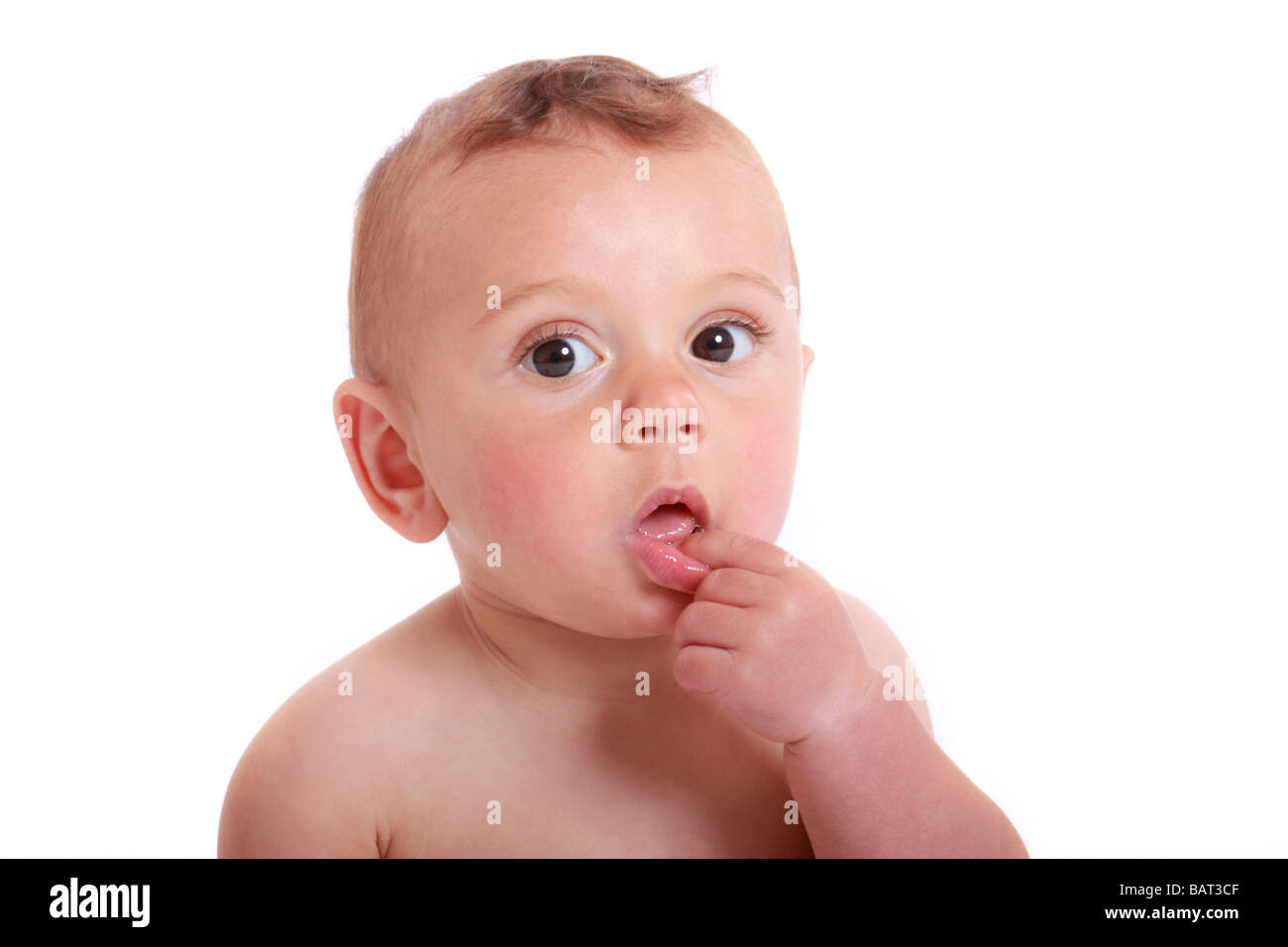 Un bébé en bonne santé à mâcher sur son doigt tourné sur un fond blanc  garçon Photo Stock - Alamy