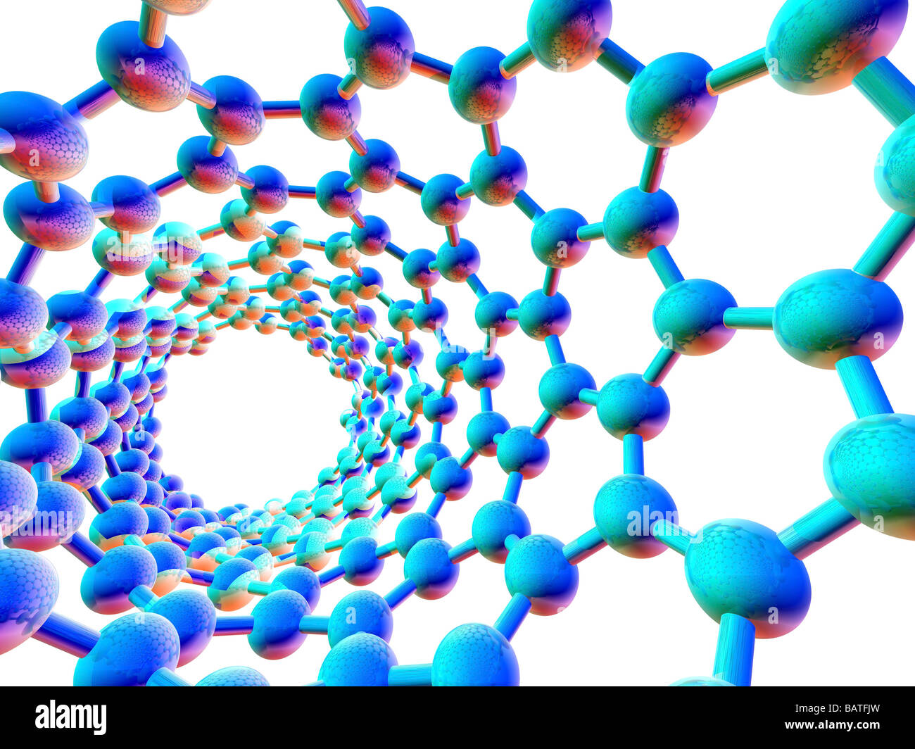 De nanotubes de carbone. L'oeuvre de l'ordinateur montrant la structure du carbone hexagonale d'un nano tube, orbuckytube. Banque D'Images