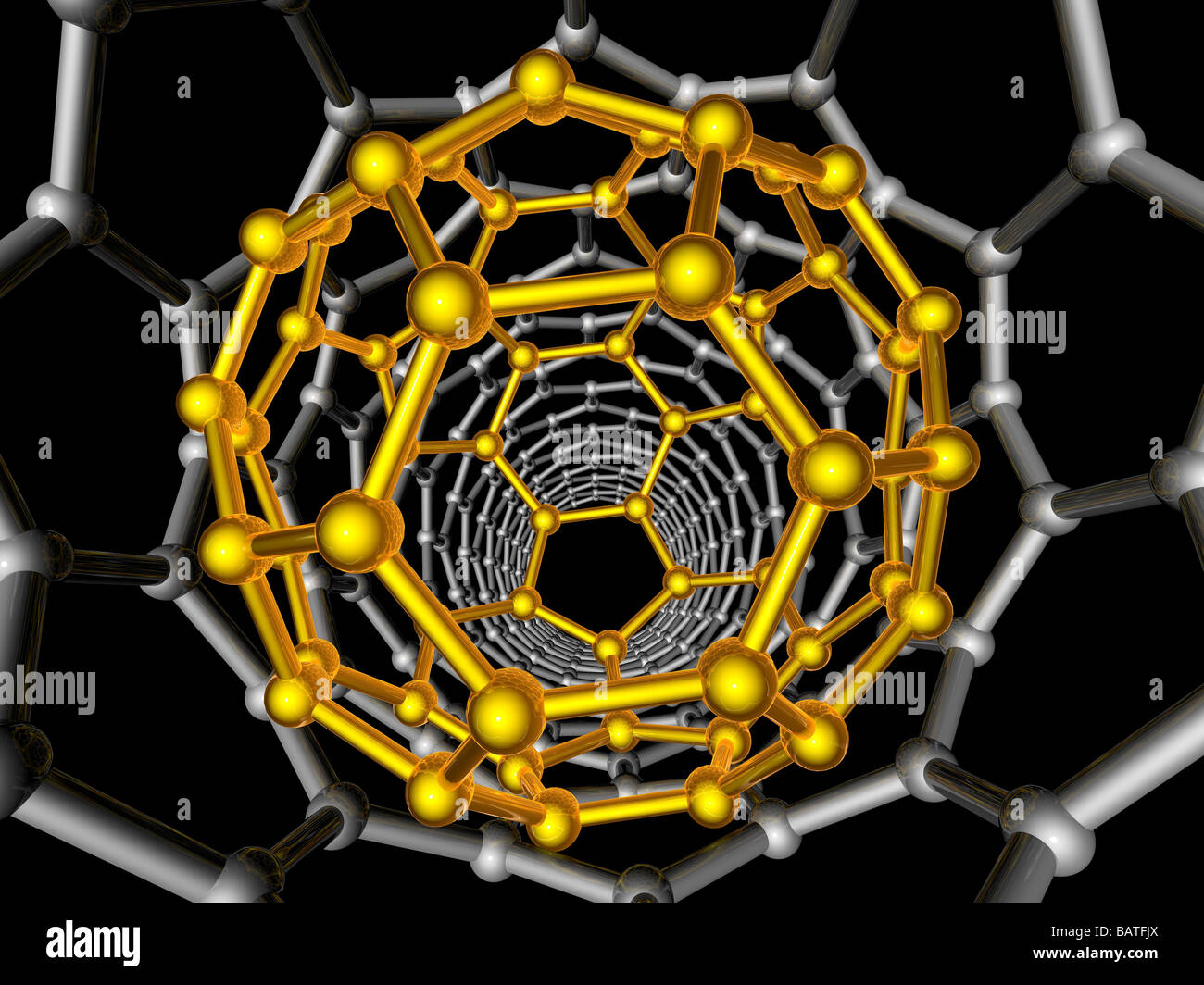 Footballène et nanotubes de carbone. L'oeuvre de l'ordinateur montrant les structures de carbone hexagonale de abuckyball (jaune) Banque D'Images
