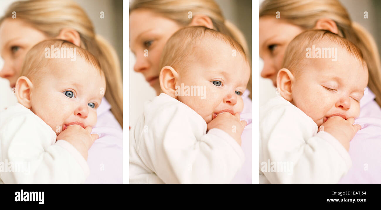 Sommeil De Bebe Montage De Trois Photos Representant Un Bebe Fatigue S Endormir Sur L Epaule De Sa Mere Photo Stock Alamy