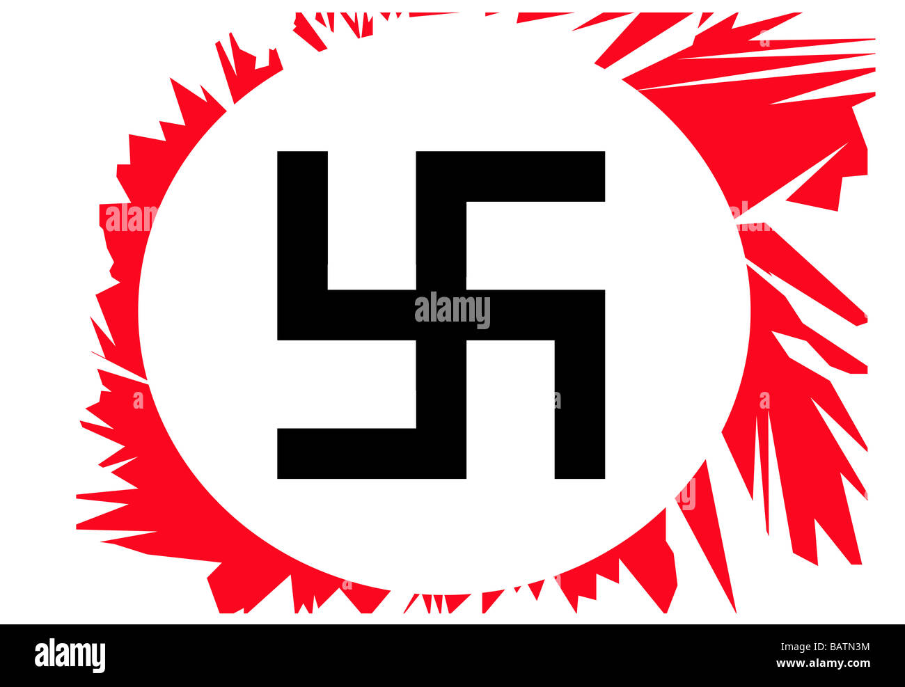 Illustration de Swastika déchiré noir dans un cercle blanc sur fond rouge Banque D'Images