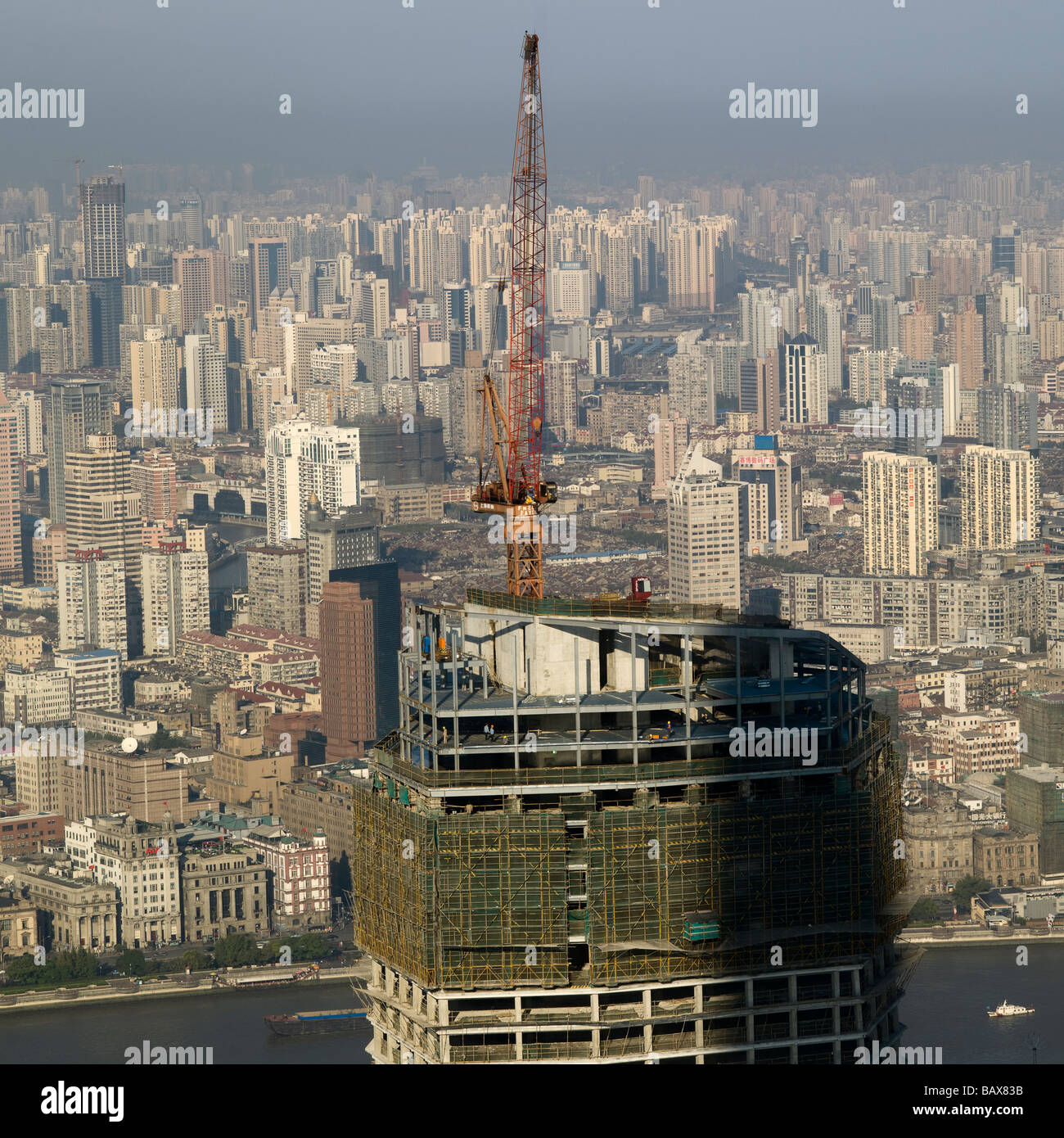 Grue de construction au sommet d'un gratte-ciel dans le quartier de Pudong à Shanghai, Chine Banque D'Images