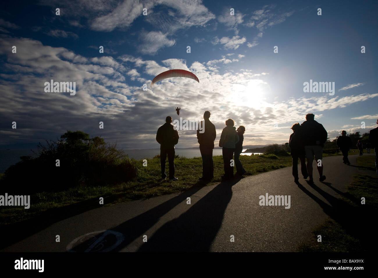 Un pilote parapente vole le long des falaises côtières Dallas Road à Victoria, BC, Canada. Banque D'Images