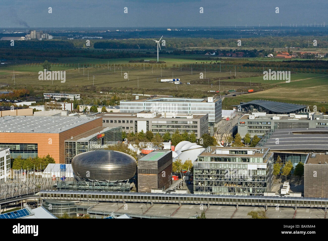 Vue aérienne, parc des expositions de Hanovre en Laatzen Hanovre, Basse-Saxe, Allemagne du nord Banque D'Images