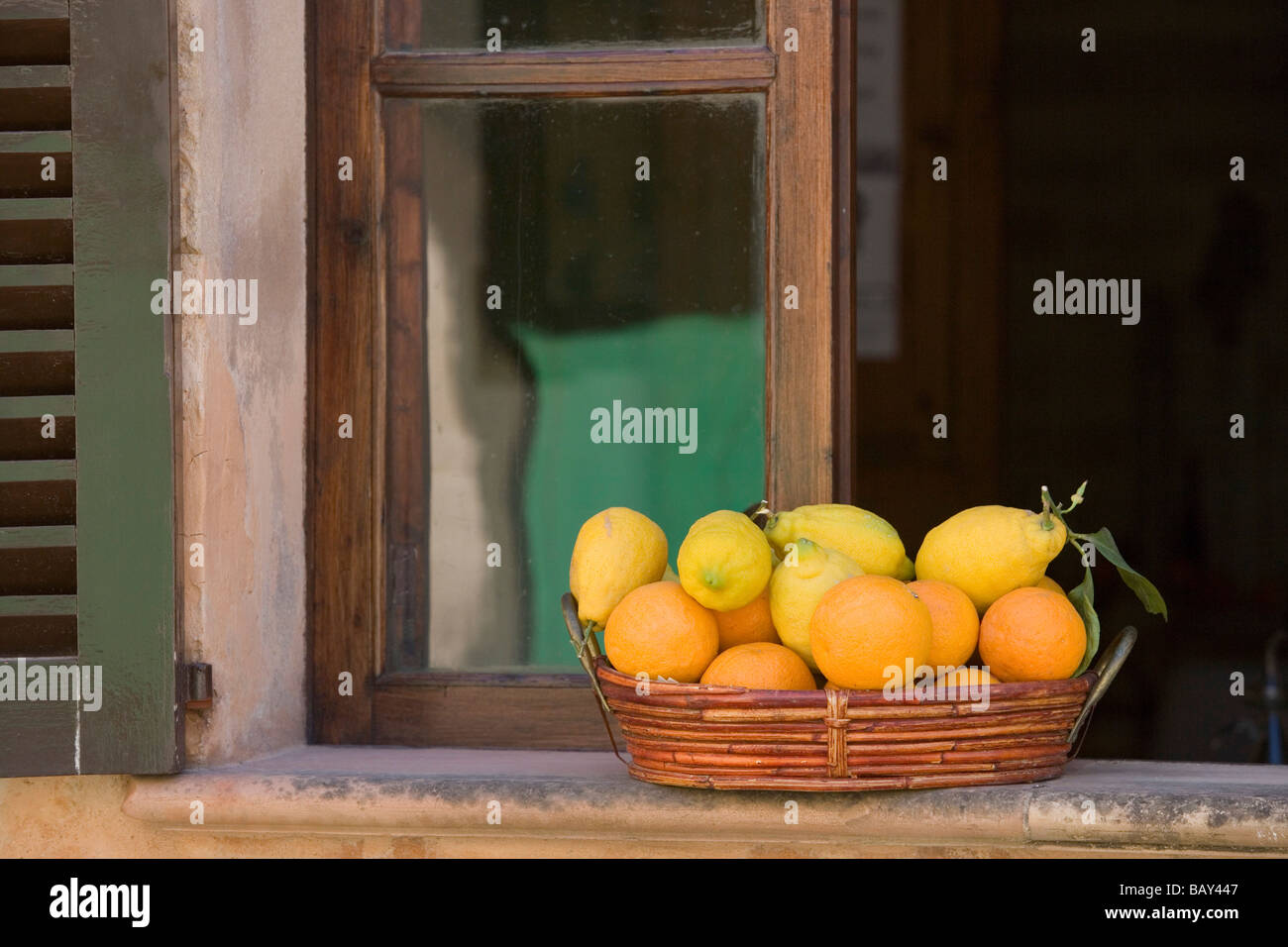 Oranges et citrons sur rebord de Cafe del Ronda, Alcudia, Majorque, Iles Baléares, Espagne Banque D'Images
