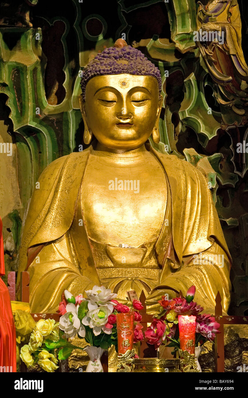 Statue de Bouddha Mandjoushri au Temple, 500 Arhats, Le Mont Wutai Wutai shan, montagne, terrasse cinq centre bouddhiste, ville de Taihuai, Banque D'Images