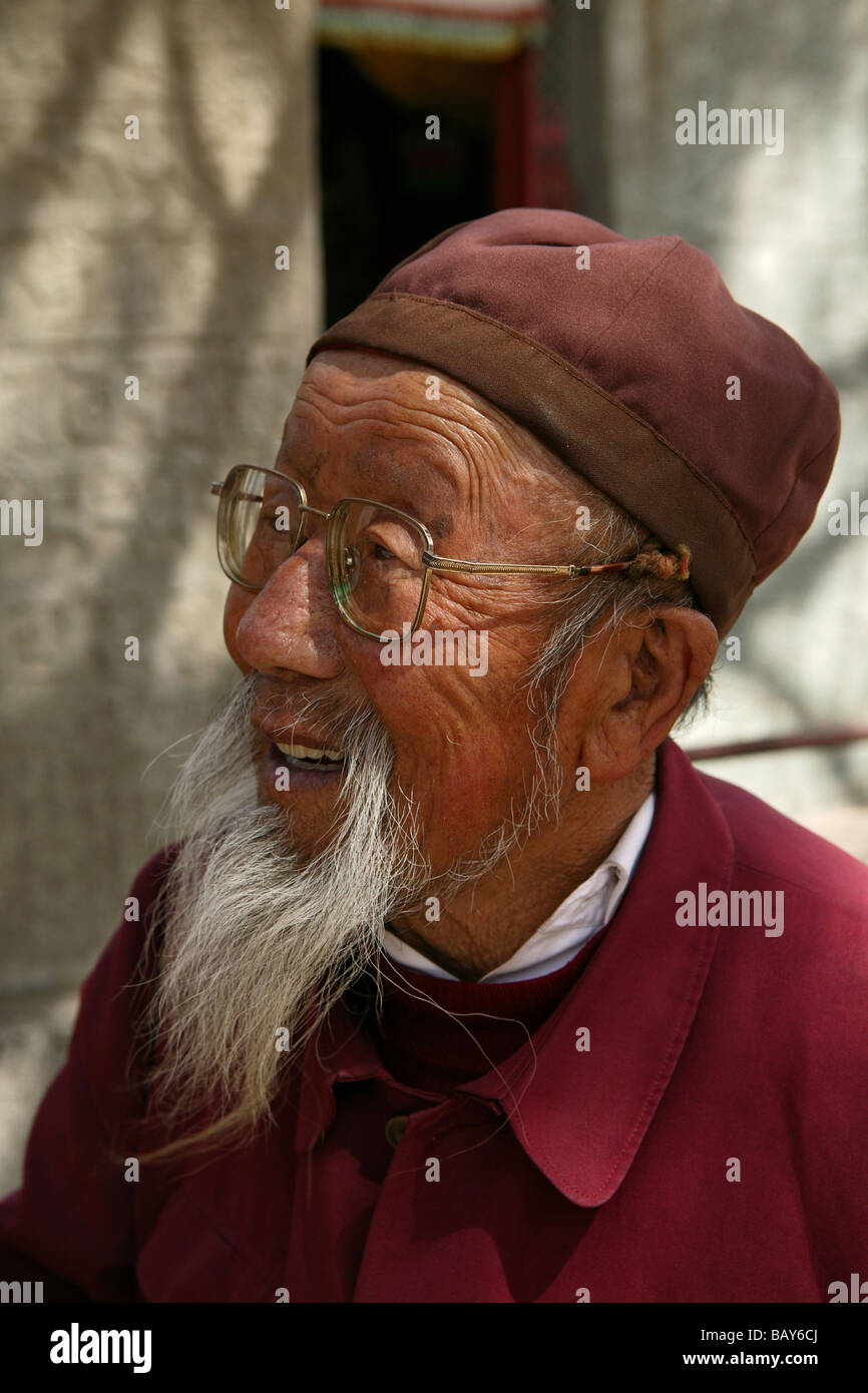 Personnes âgées moine barbu avec des lunettes, Taihuai, Le Mont Wutai Wutai shan, montagne, terrasse cinq centre bouddhiste, ville de Taihuai, Sh Banque D'Images