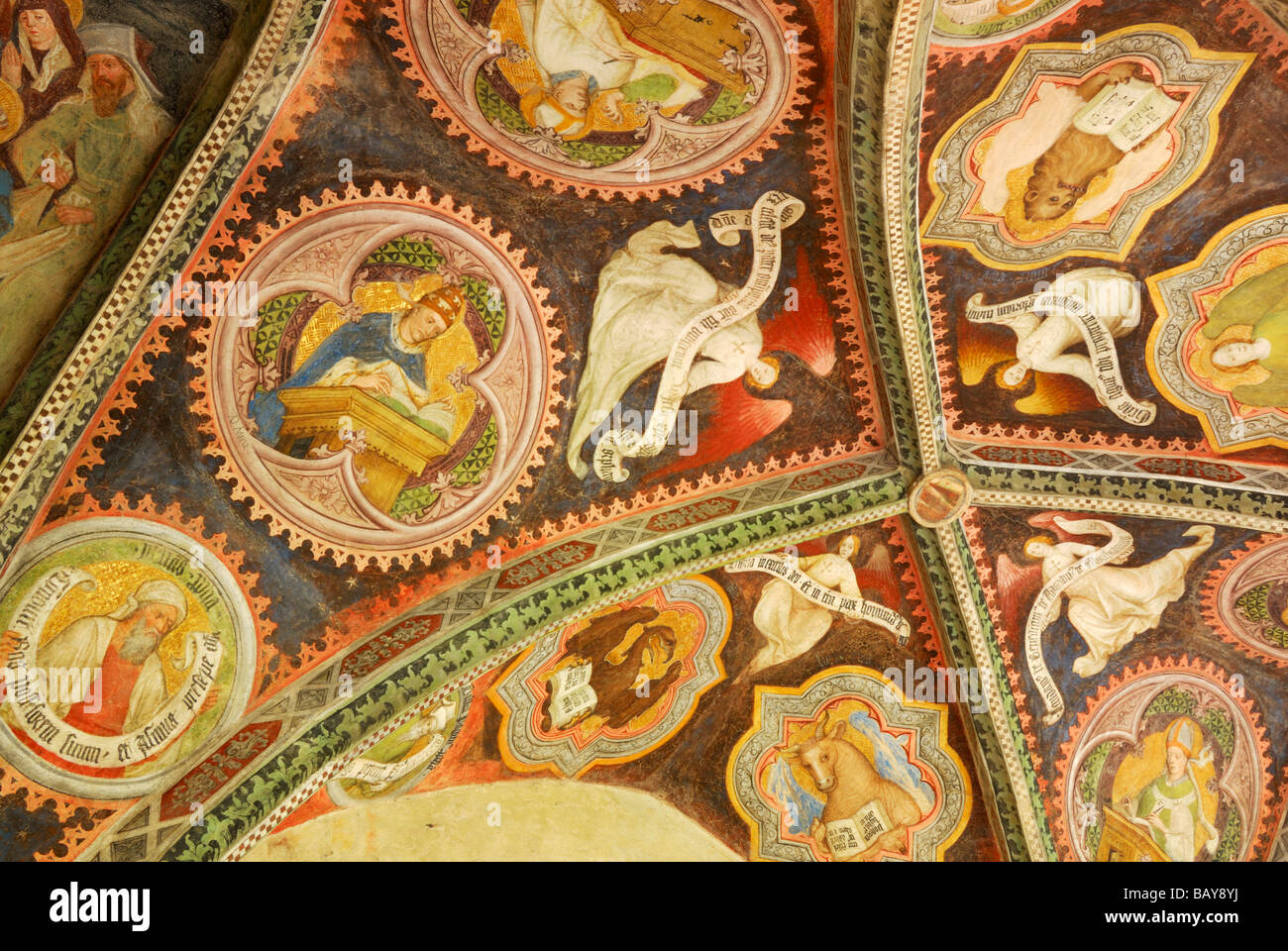 Peinture sur plafond de cathédrale au cloître de Brixen, cloître, nervuré vault, Gothik, Brixen, vallée de l'Autriche, le Tyrol du Sud, Banque D'Images