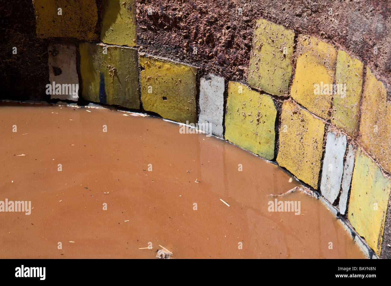 Sol carrelé tva de colorant jaune à la tannerie Chouara dans la médina. La couleur jaune vif qui est produit à partir de safran. Banque D'Images