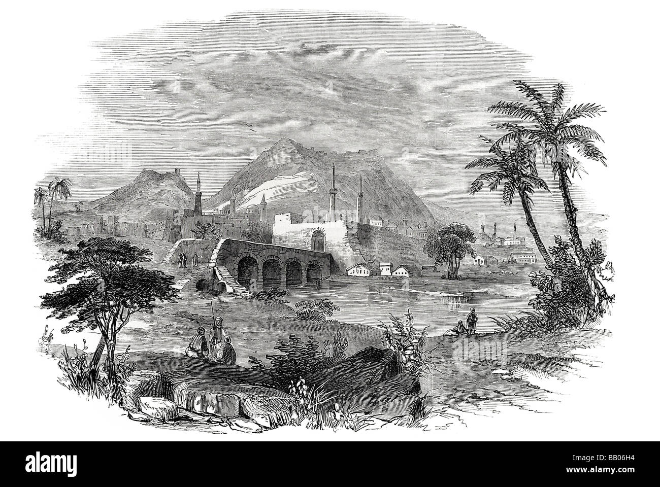 Antioche la vallée de l'Oronte l'euphrate route de l'Inde mosquée construction de pont désert montagneux palmier arbustes ruine Banque D'Images