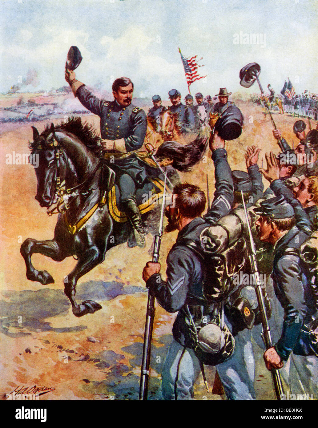 McClellan général encourageant les troupes de l'Union à la bataille d'Antietam 1862. Lithographie couleur Banque D'Images