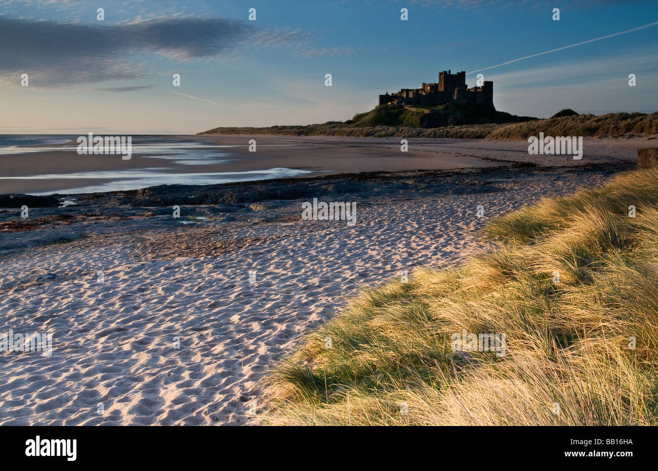 Château de Bamburgh, représenté à la lumière tôt le matin Banque D'Images