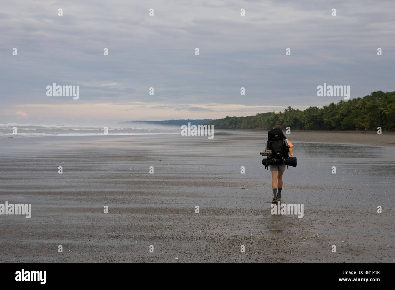 Une femme avec un sac à dos le long du littoral sablonneux fo du Parc national Corcovado, Costa Rica. Banque D'Images