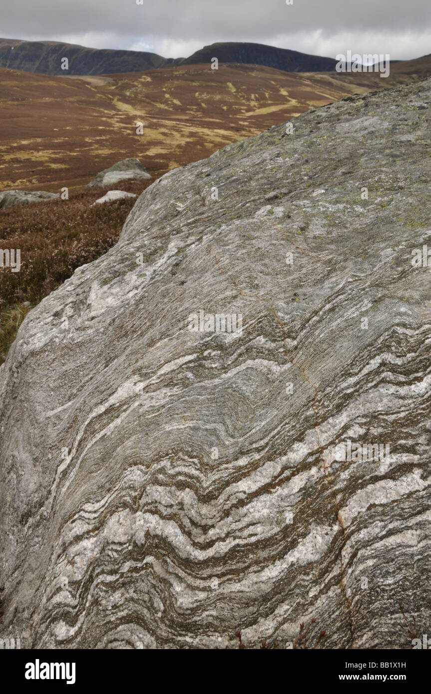 Rocher de gneiss sur Glen Clova Ecosse Ben Tirran Banque D'Images